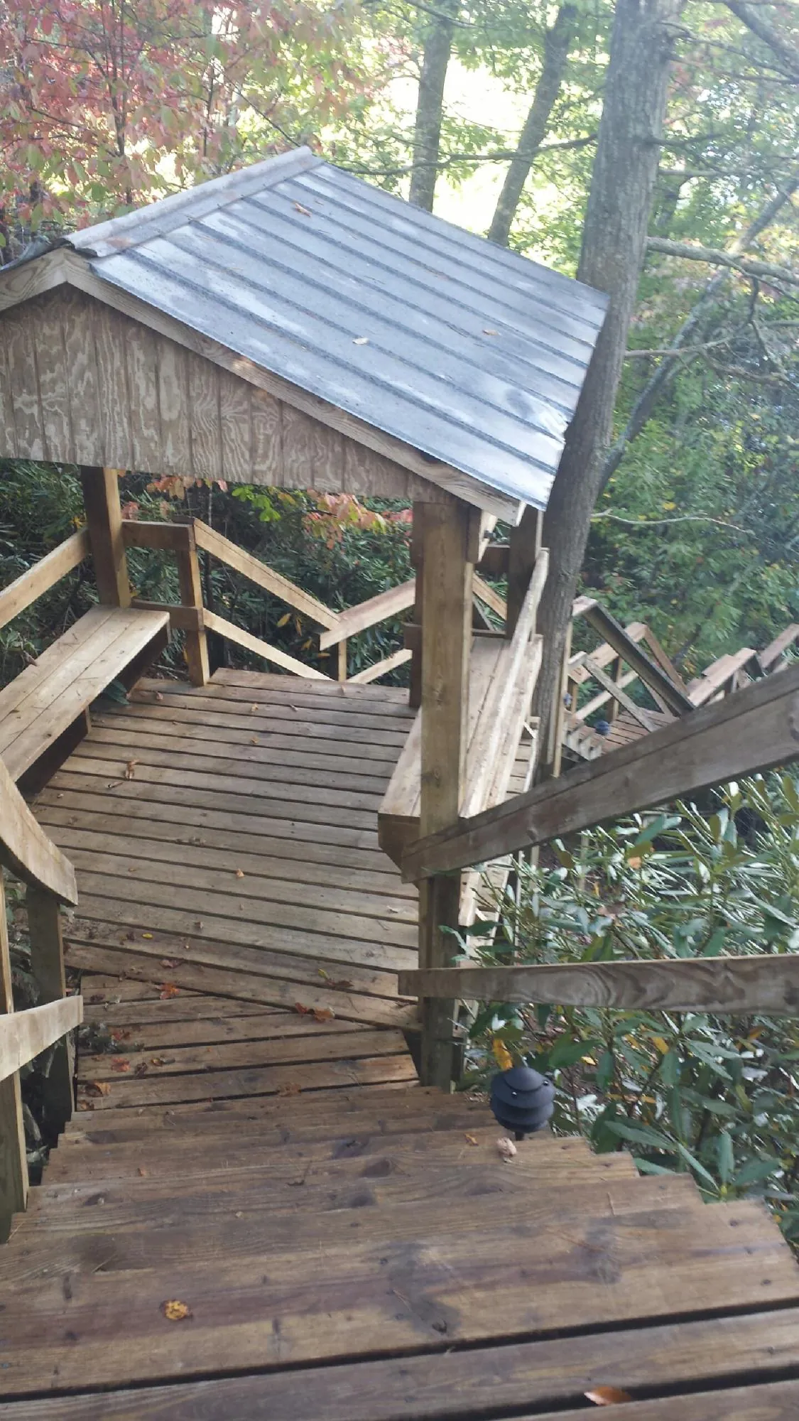 Metal roofed shelter over wooden steps on a wooded walkway — Skylight Repair & Installation work by our crew in New Braintree
